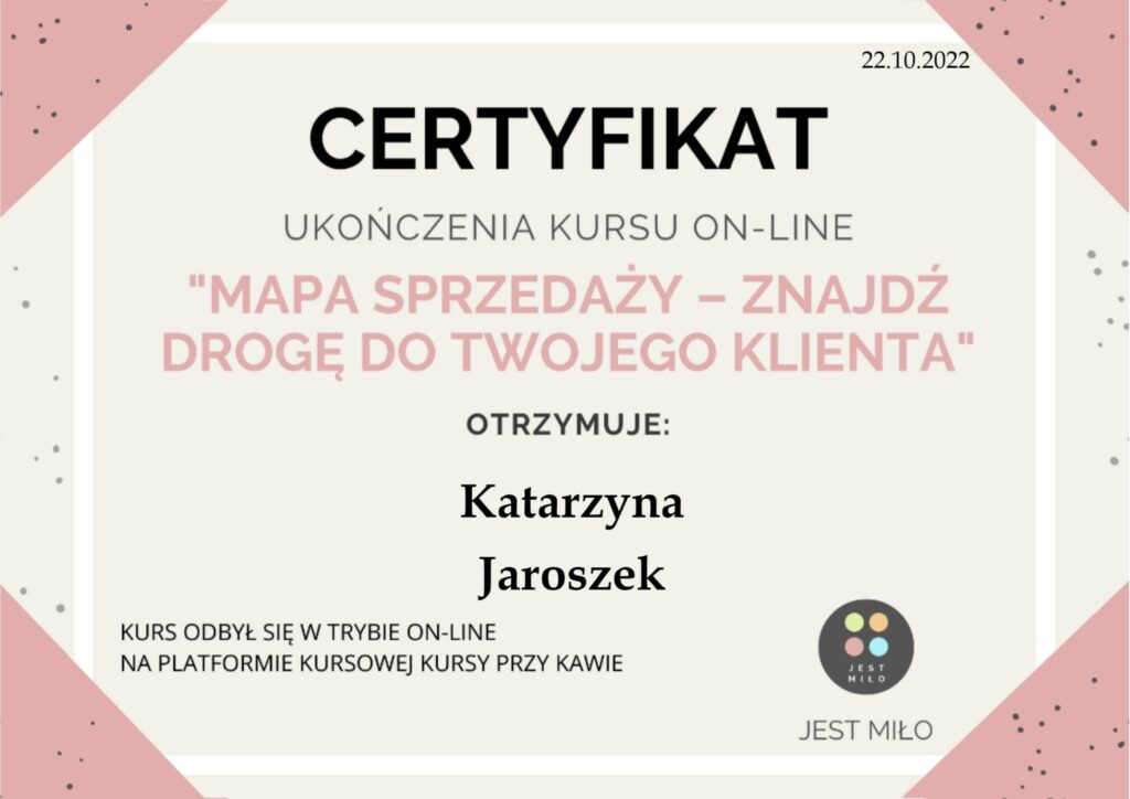 Certyfikat mapa sprzedaży Kaśka Jaroszek